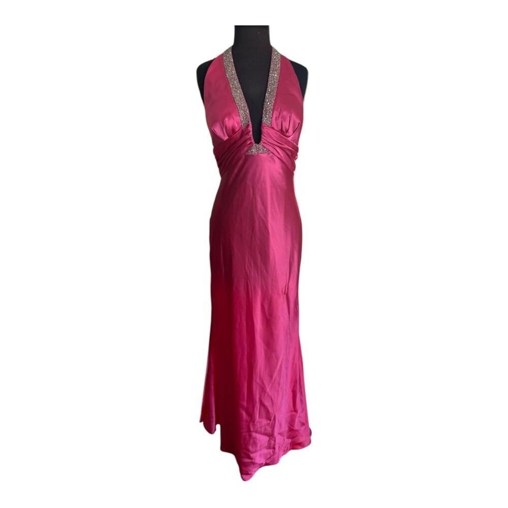 Y2K Pink Satin Halter Prom Dress Rhinestone Trim Open Back Formal Gown Size 10